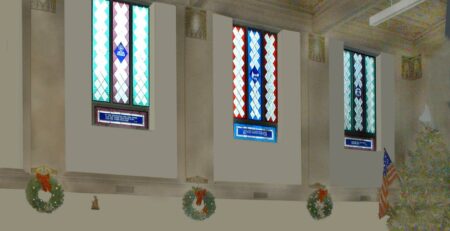 interior view of a historic church with damaged stained glass windows